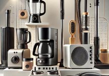 Küçük ev aletleri - blender, kahve makinesi, elektrikli süpürge ve mutfak robotu görseli